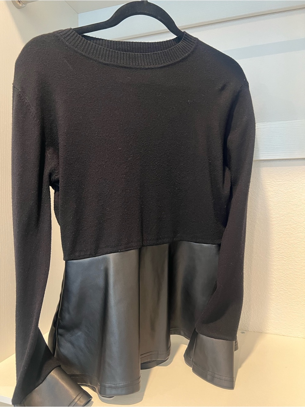 Black Peplum Leather Sweater Top